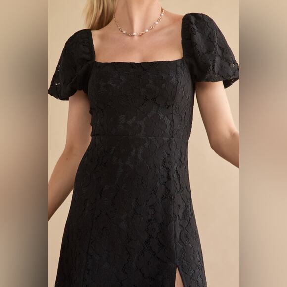 NWT Francesca’s Tabitha Lace Puff Sleeve Midi Dress Black Slit Floral Formal - Picture 3 of 3